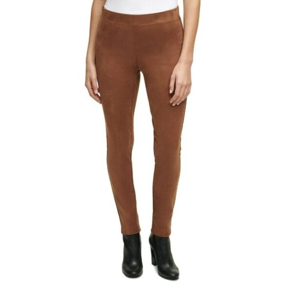 NWT Calvin Klein Women Faux-Suede Front Pull On Pants in Camel - Picture 1 of 2